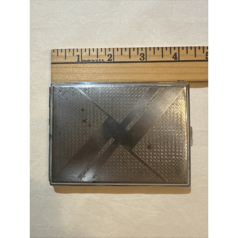 Vtg Art Deco Metal Cigarette Case Engine Turned Geometric Cartouche Silver Tone